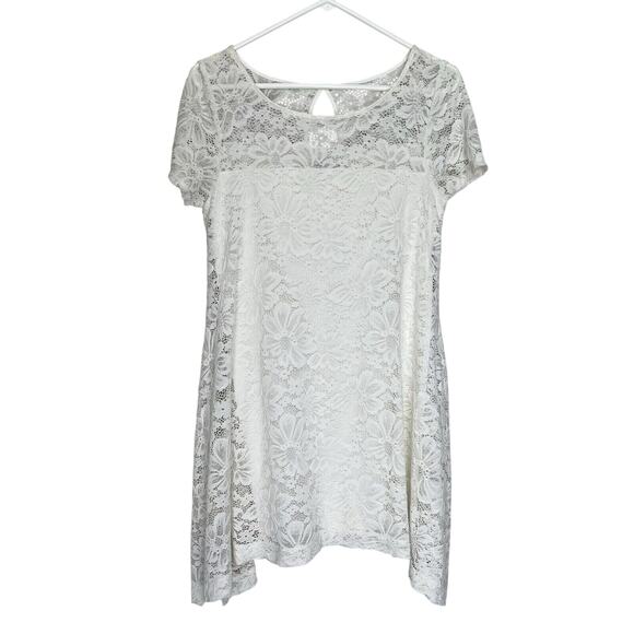 Signature By Robbie Bee | Short Sleeve Lace Assymetrical Trapeze Dress Petite M - Picture 2 of 7